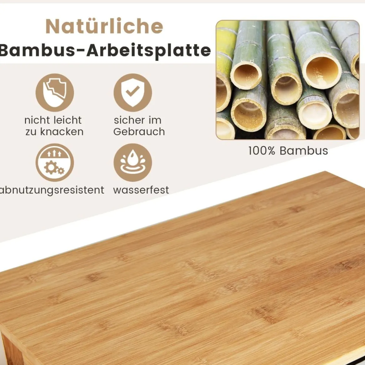 Kücheninsel aus Bambus mit ausziehbarer Schublade seitlichem Schiebegriff 2 offenen Regalen rollbarer MikrowellenwagenNatur
