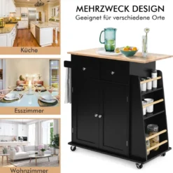 Kücheninsel mit Stauraum Rollender Servierwagen aus Gummiholz 88 x 46 x 89,5 cm Schwarz