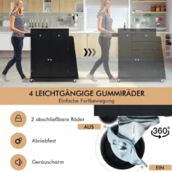 Kücheninsel mit Stauraum Rollender Servierwagen aus Gummiholz 88 x 46 x 89,5 cm Schwarz