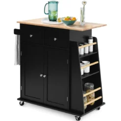 Kücheninsel mit Stauraum Rollender Servierwagen aus Gummiholz 88 x 46 x 89,5 cm Schwarz