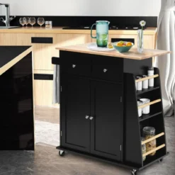 Kücheninsel mit Stauraum Rollender Servierwagen aus Gummiholz 88 x 46 x 89,5 cm Schwarz