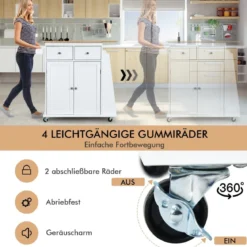 Kücheninsel mit Stauraum Rollender Servierwagen aus Gummiholz 88 x 46 x 89,5 cm Weiß