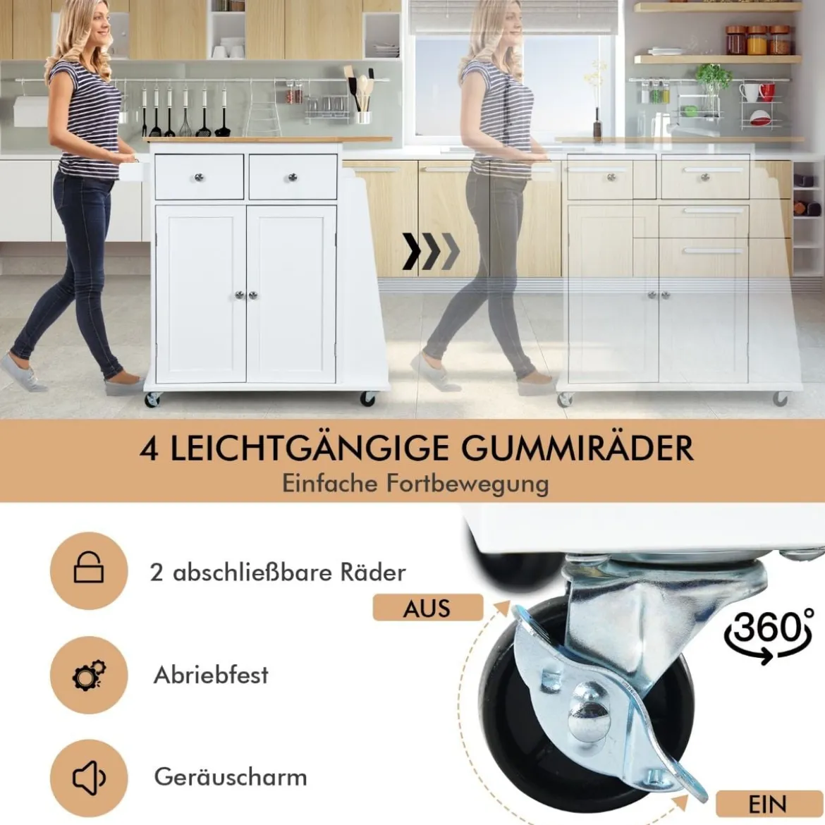 Kücheninsel mit Stauraum Rollender Servierwagen aus Gummiholz 88 x 46 x 89,5 cm Weiß