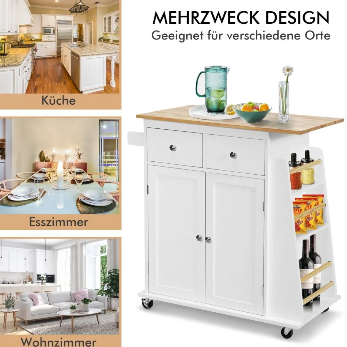 Kücheninsel mit Stauraum Rollender Servierwagen aus Gummiholz 88 x 46 x 89,5 cm Weiß