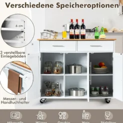 Kücheninsel Servierwagen Küchenwagen mit Rollen Weiß 122 x 46 x 92,3 cm
