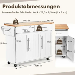 Kücheninsel Servierwagen Küchenwagen mit Rollen Weiß 122 x 46 x 92,3 cm