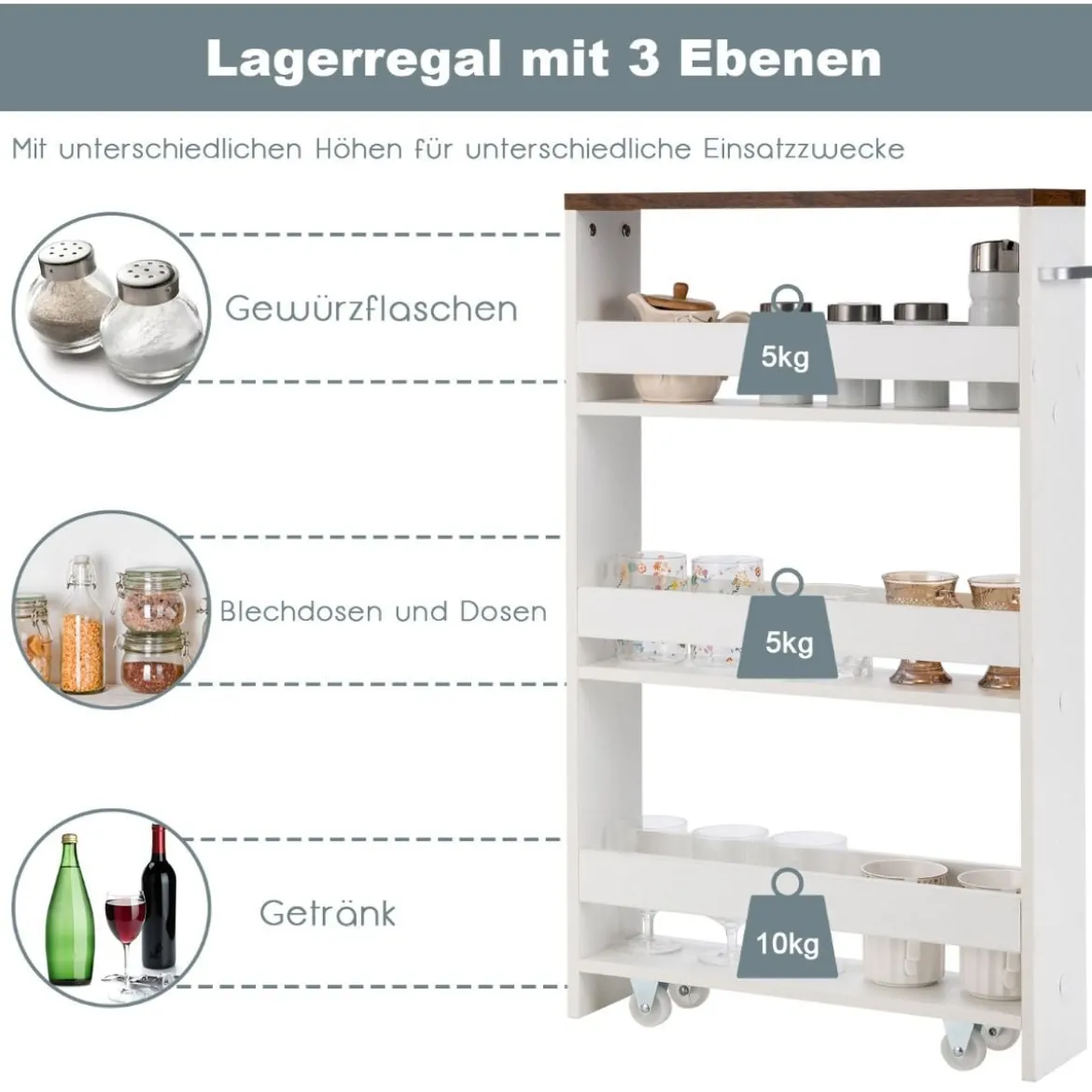 Kücheninselwagen Rollender 4-Stöckiger Schmaler Küchenwagen mit Griff 48 x 12,5 x 81 cm Weiß