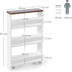 Kücheninselwagen Rollender 4-Stöckiger Schmaler Küchenwagen mit Griff 48 x 12,5 x 81 cm Weiß