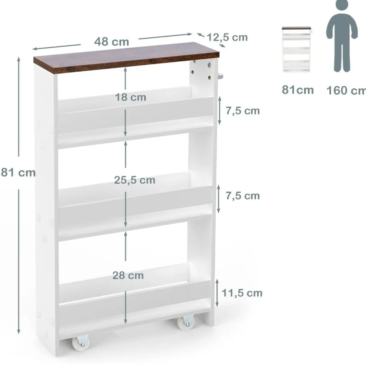 Kücheninselwagen Rollender 4-Stöckiger Schmaler Küchenwagen mit Griff 48 x 12,5 x 81 cm Weiß