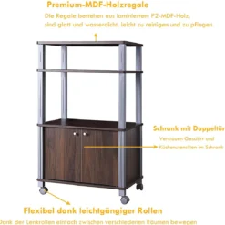 Küchenregal für Mikrowelle Küchenwagen mit Rollen 60 x 40 x 98 cm Braun