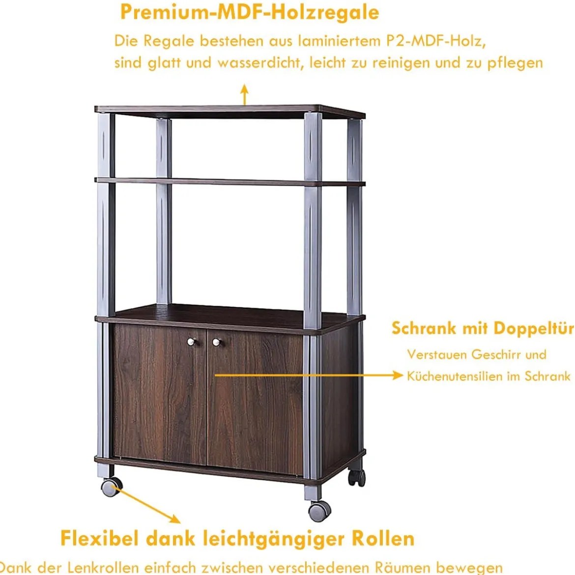 Küchenregal für Mikrowelle Küchenwagen mit Rollen 60 x 40 x 98 cm Braun
