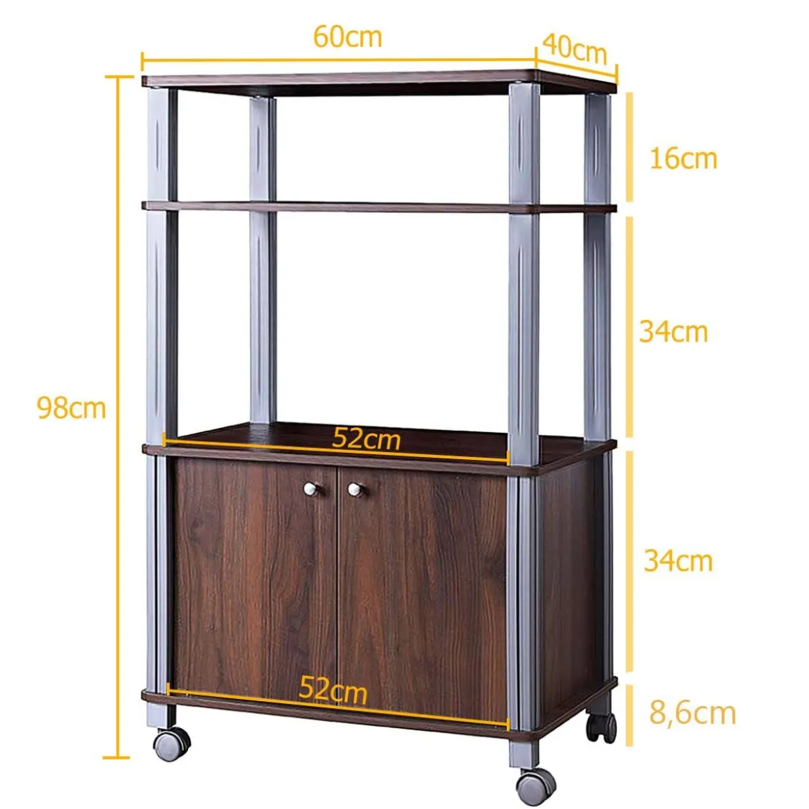 Küchenregal für Mikrowelle Küchenwagen mit Rollen 60 x 40 x 98 cm Braun