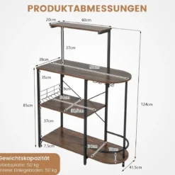Küchenregal für Mikrowelle Mikrowellenregal auf Rollen 90 x 124 x 41,5 cm Rustikales Braun