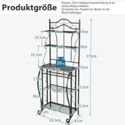 Küchenregal mit breiter Arbeitsplatte 4 offene Gitterregale Kippschutz Mehrzweck Lagerregal Schwarz