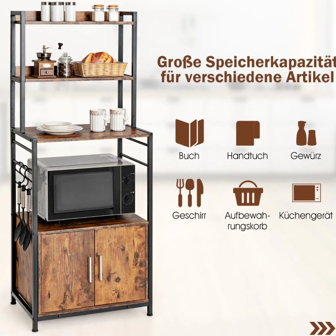 Küchenregal mit Lagerschrank & Haken & Ablagen & Tür & verstellbaren Füßen Vintage