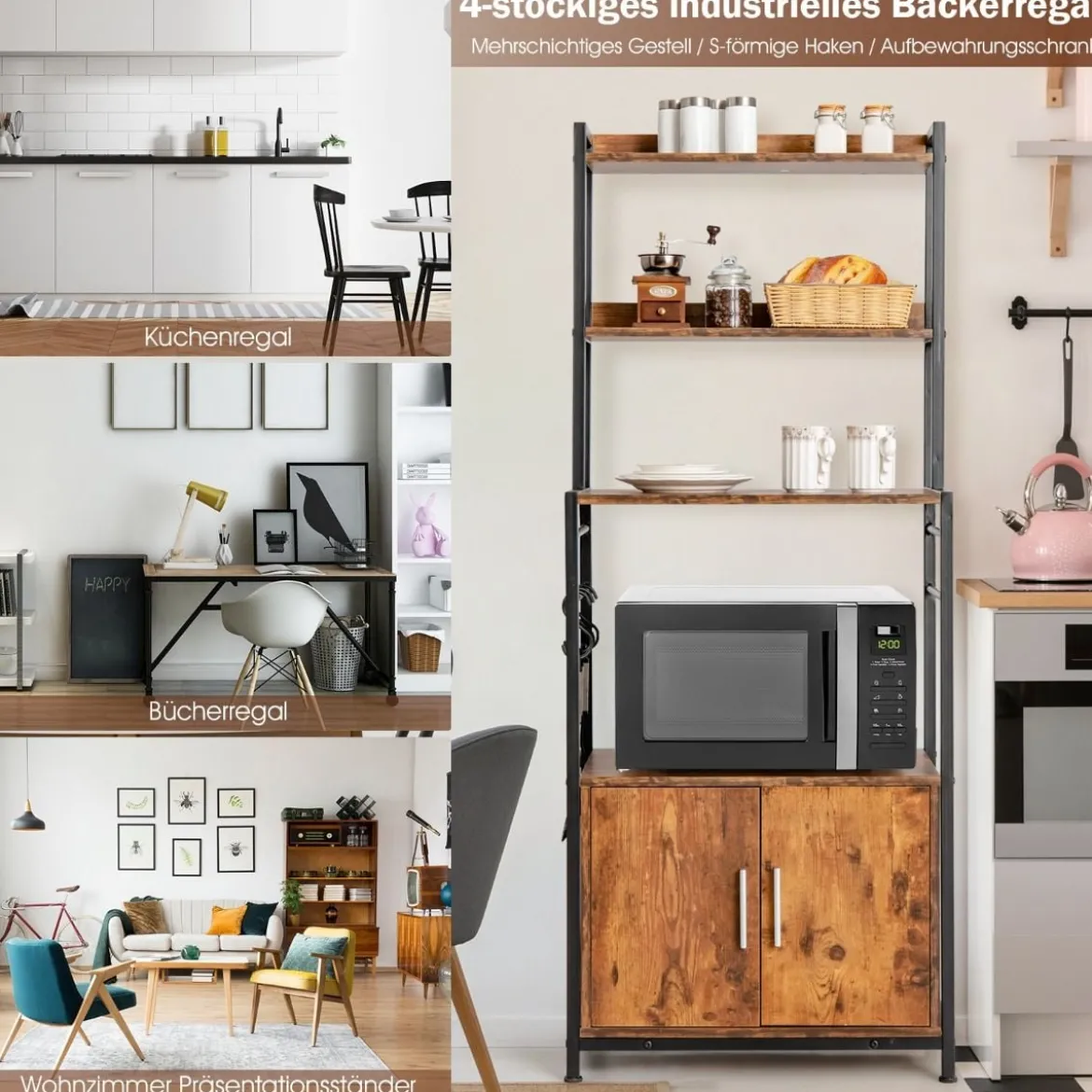 Küchenregal mit Lagerschrank & Haken & Ablagen & Tür & verstellbaren Füßen Vintage