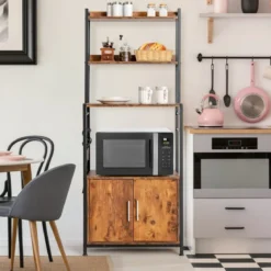 Küchenregal mit Lagerschrank & Haken & Ablagen & Tür & verstellbaren Füßen Vintage