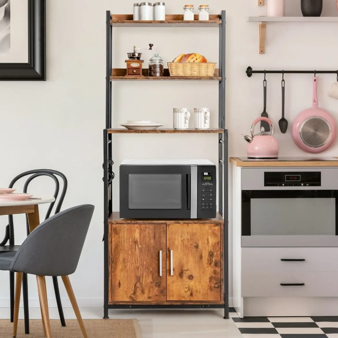 Küchenregal mit Lagerschrank & Haken & Ablagen & Tür & verstellbaren Füßen Vintage