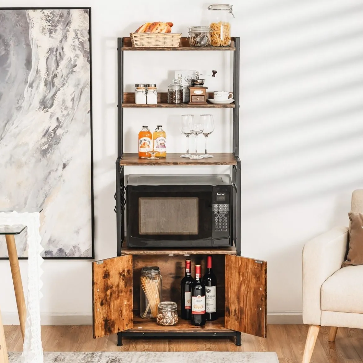 Küchenregal mit Lagerschrank & Haken & Ablagen & Tür & verstellbaren Füßen Vintage