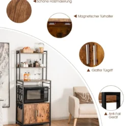 Küchenregal mit Lagerschrank & Haken & Ablagen & Tür & verstellbaren Füßen Vintage