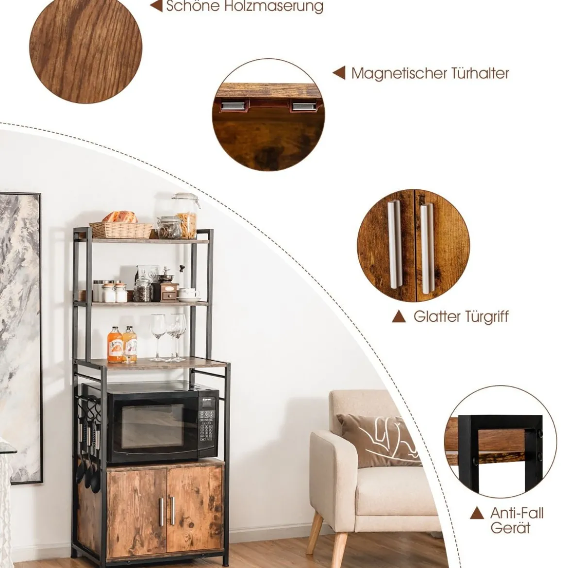Küchenregal mit Lagerschrank & Haken & Ablagen & Tür & verstellbaren Füßen Vintage