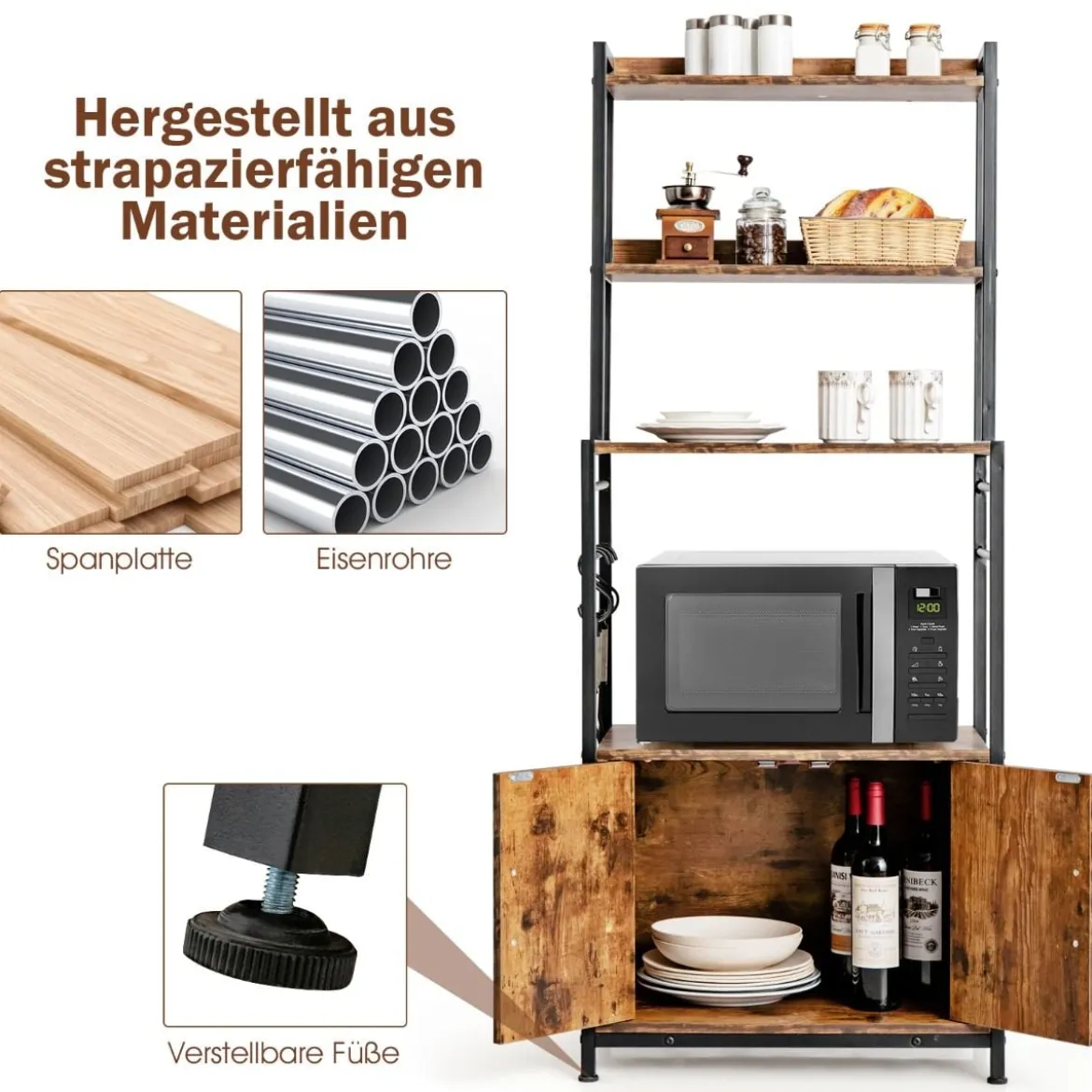 Küchenregal mit Lagerschrank & Haken & Ablagen & Tür & verstellbaren Füßen Vintage