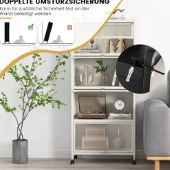 Küchenregal mit Rollen Mobiler Mikrowellenständer mit Aufklappbaren PC-Türen 60 x 32 x 154 cm