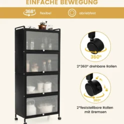 Küchenregal mit Rollen Mobiler Mikrowellenständer mit Aufklappbaren PC-Türen 60 x 32 x 154 cm