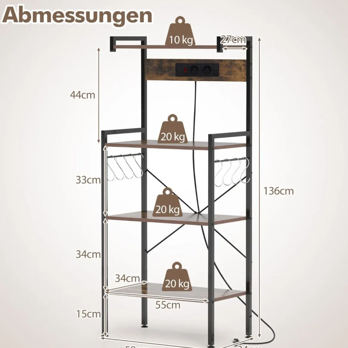 Küchenregal mit Steckdosen & 8 S-förmigen Haken Mikrowellen Regal Standregal Braun