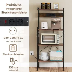 Küchenregal mit Steckdosen & 8 S-förmigen Haken Mikrowellen Regal Standregal Braun