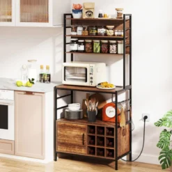 Küchenregal mit Steckdose Weinregal für 9 Flaschen Standregal mit Schrank Schwarz/Rustikales Braun