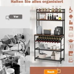Küchenregal mit Weinhalter bis 10 Flaschen & Arbeitsplatte & 5 Ablagen Bäckerregal Braun