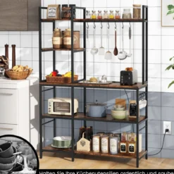 Küchenregal Standregal mit Steckdosen 5 Etagen Mikrowellenregal mit Regalen 107 x 37 x 160 cm Rustikales Braun