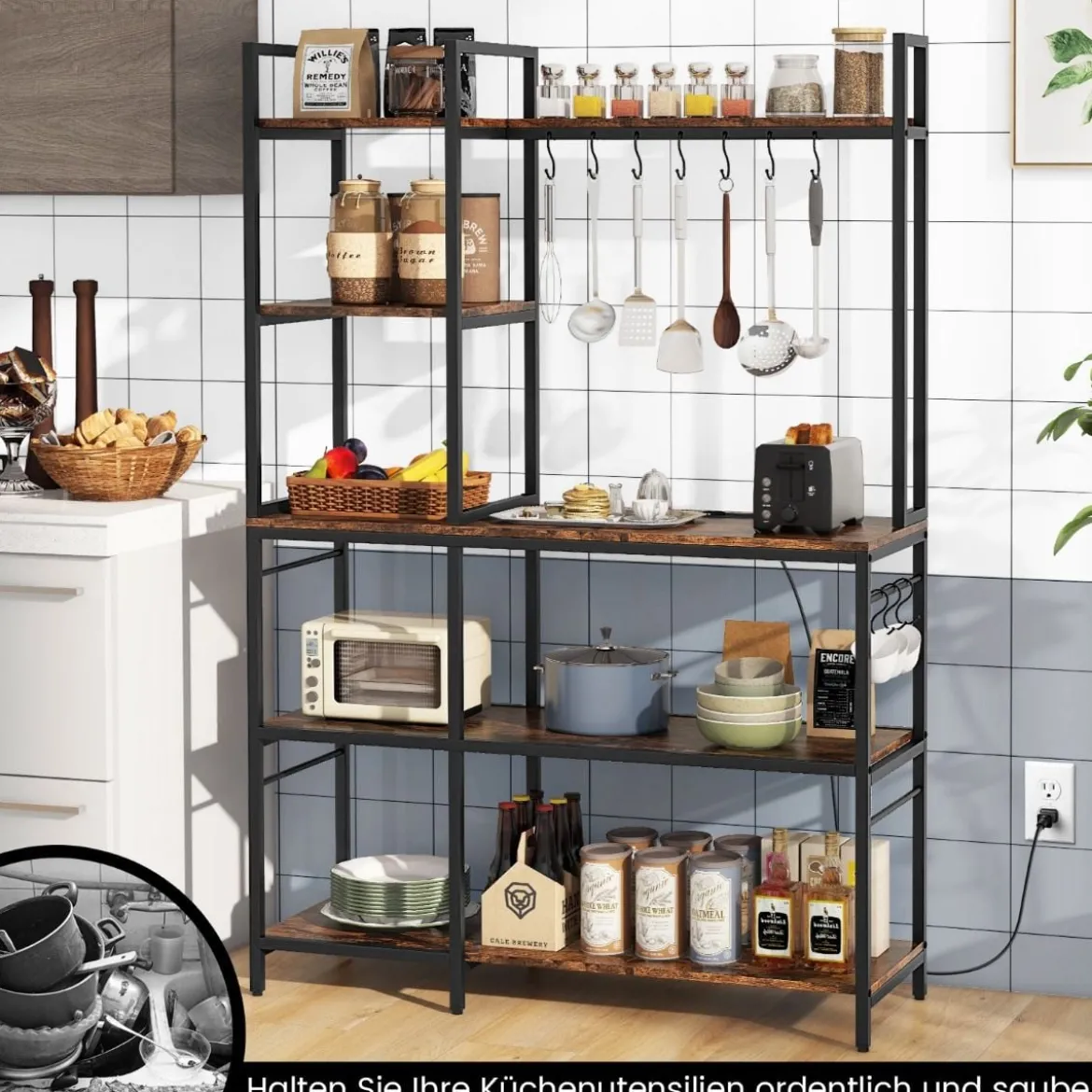 Küchenregal Standregal mit Steckdosen 5 Etagen Mikrowellenregal mit Regalen 107 x 37 x 160 cm Rustikales Braun