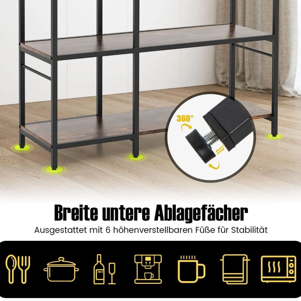 Küchenregal Standregal mit Steckdosen 5 Etagen Mikrowellenregal mit Regalen 107 x 37 x 160 cm Rustikales Braun