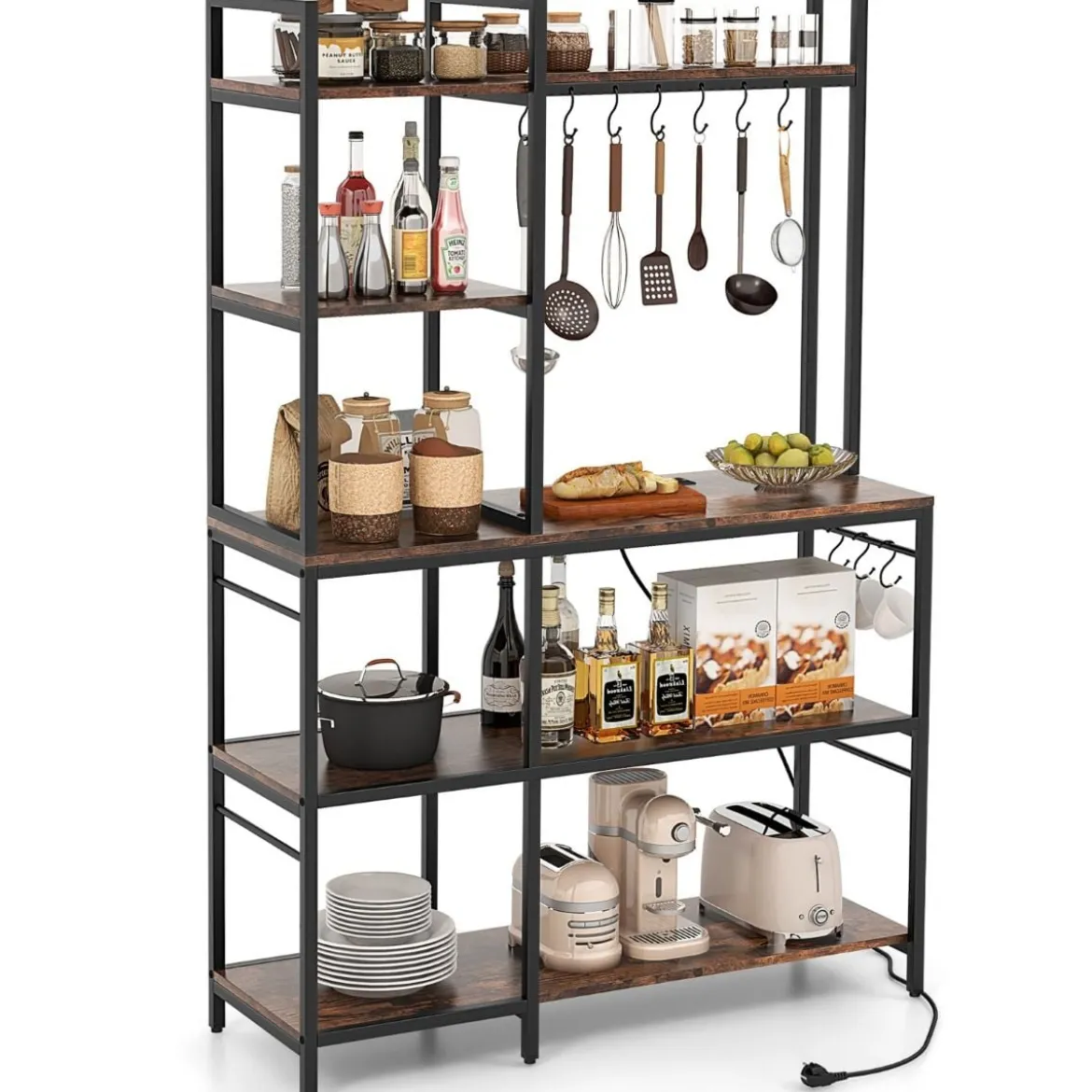 Küchenregal Standregal mit Steckdosen 5 Etagen Mikrowellenregal mit Regalen 107 x 37 x 160 cm Rustikales Braun