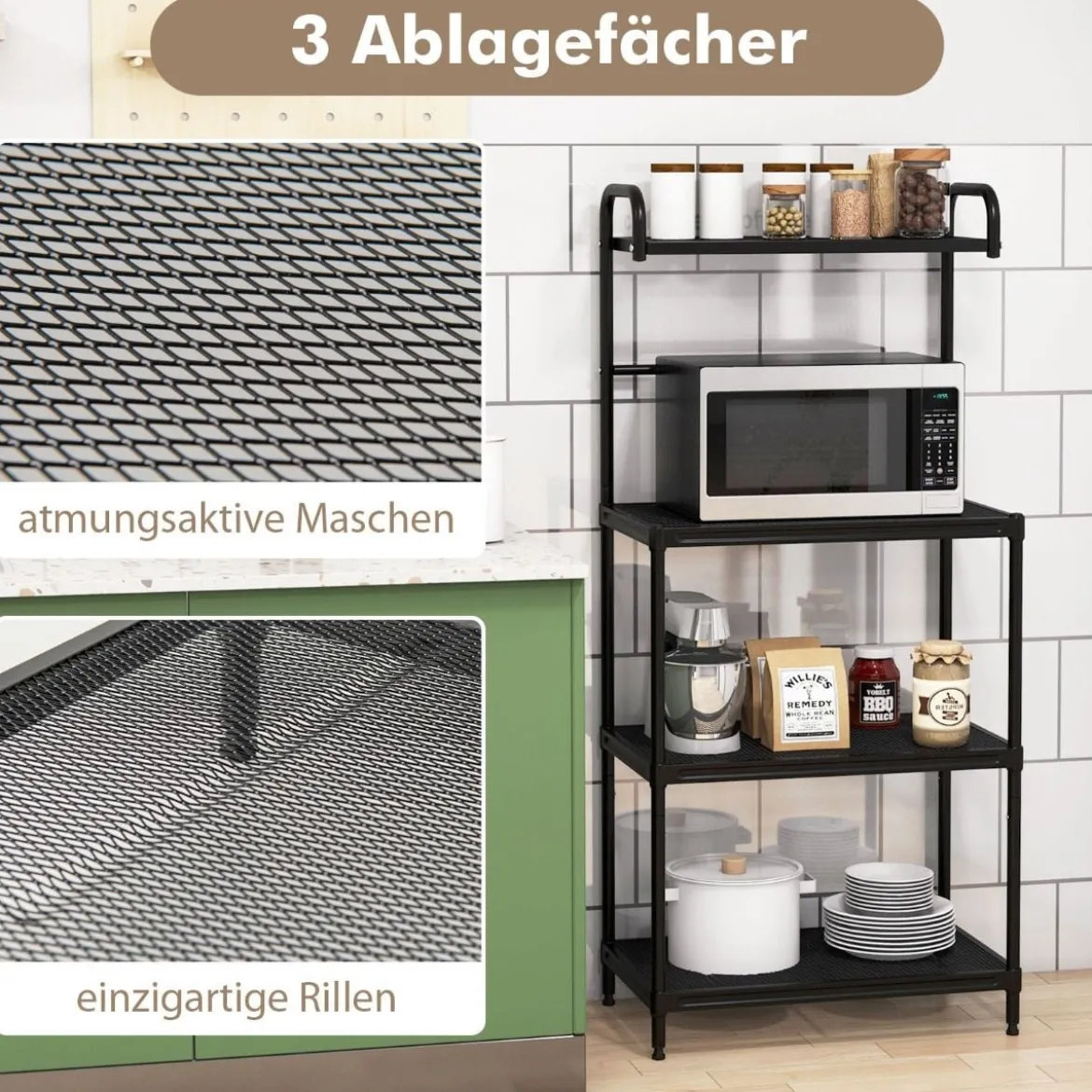 Küchenregal 4-stufig Mikrowellenregal mit verstellbaren Regalböden Mikrowellenständer aus Metall 59 x 34 x 136 cm