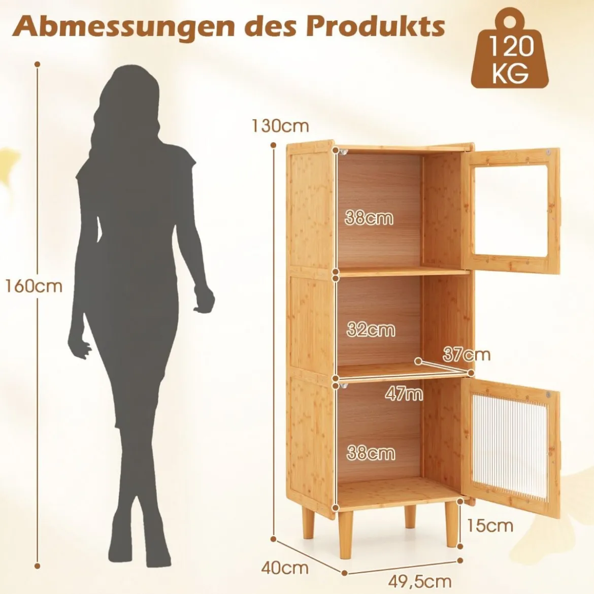 Küchenschrank aus Bambus 3-stöckiger Buffetschrank mit 2 Acryltüren Natur 49,5 x 40 x 130 cm