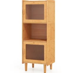 Küchenschrank aus Bambus 3-stöckiger Buffetschrank mit 2 Acryltüren Natur 49,5 x 40 x 130 cm