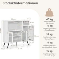 Küchenschrank aus Holz mit Glastüren mit verstellbaren Einlegeböden Sideboard Weiß