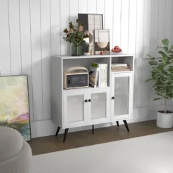 Küchenschrank aus Holz mit Glastüren mit verstellbaren Einlegeböden Sideboard Weiß