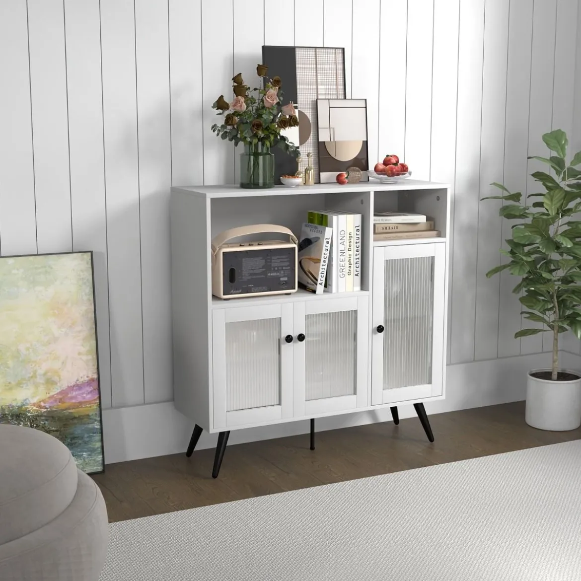 Küchenschrank aus Holz mit Glastüren mit verstellbaren Einlegeböden Sideboard Weiß
