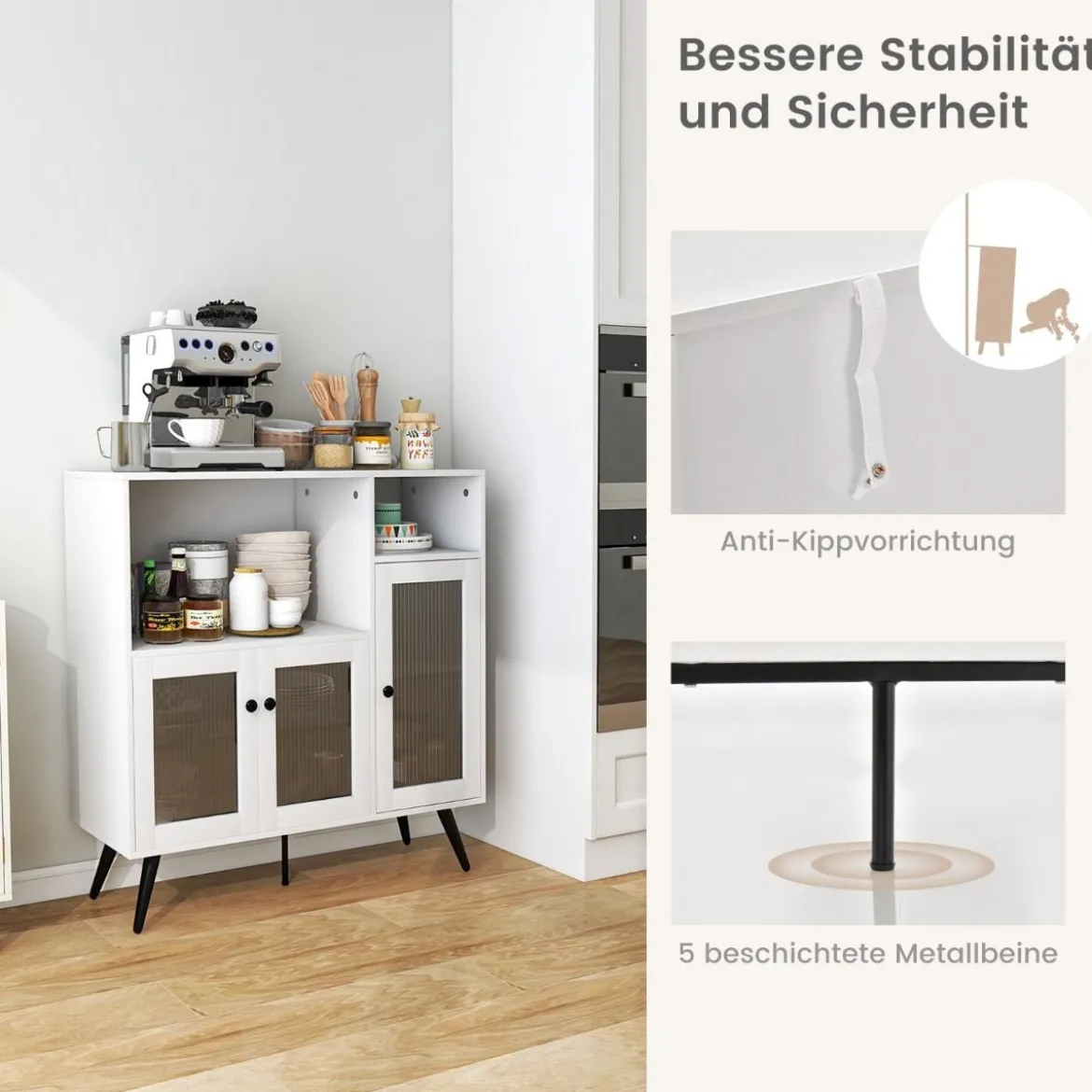 Küchenschrank aus Holz mit Glastüren mit verstellbaren Einlegeböden Sideboard Weiß