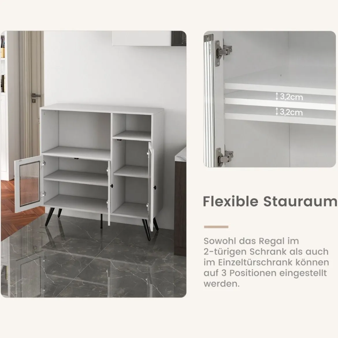 Küchenschrank aus Holz mit Glastüren mit verstellbaren Einlegeböden Sideboard Weiß
