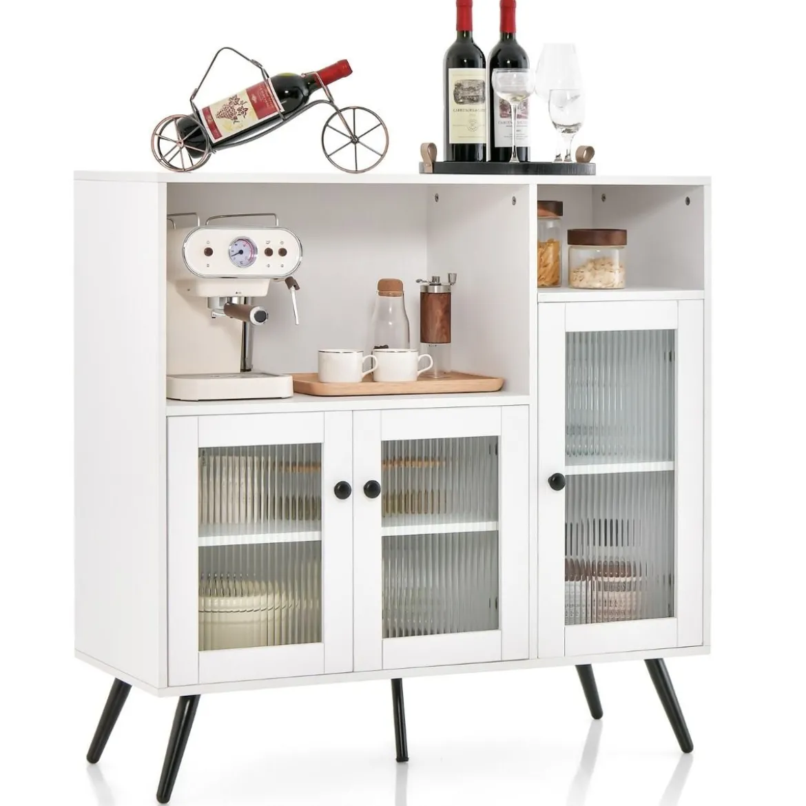 Küchenschrank aus Holz mit Glastüren mit verstellbaren Einlegeböden Sideboard Weiß