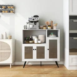 Küchenschrank aus Holz mit Glastüren mit verstellbaren Einlegeböden Sideboard Weiß