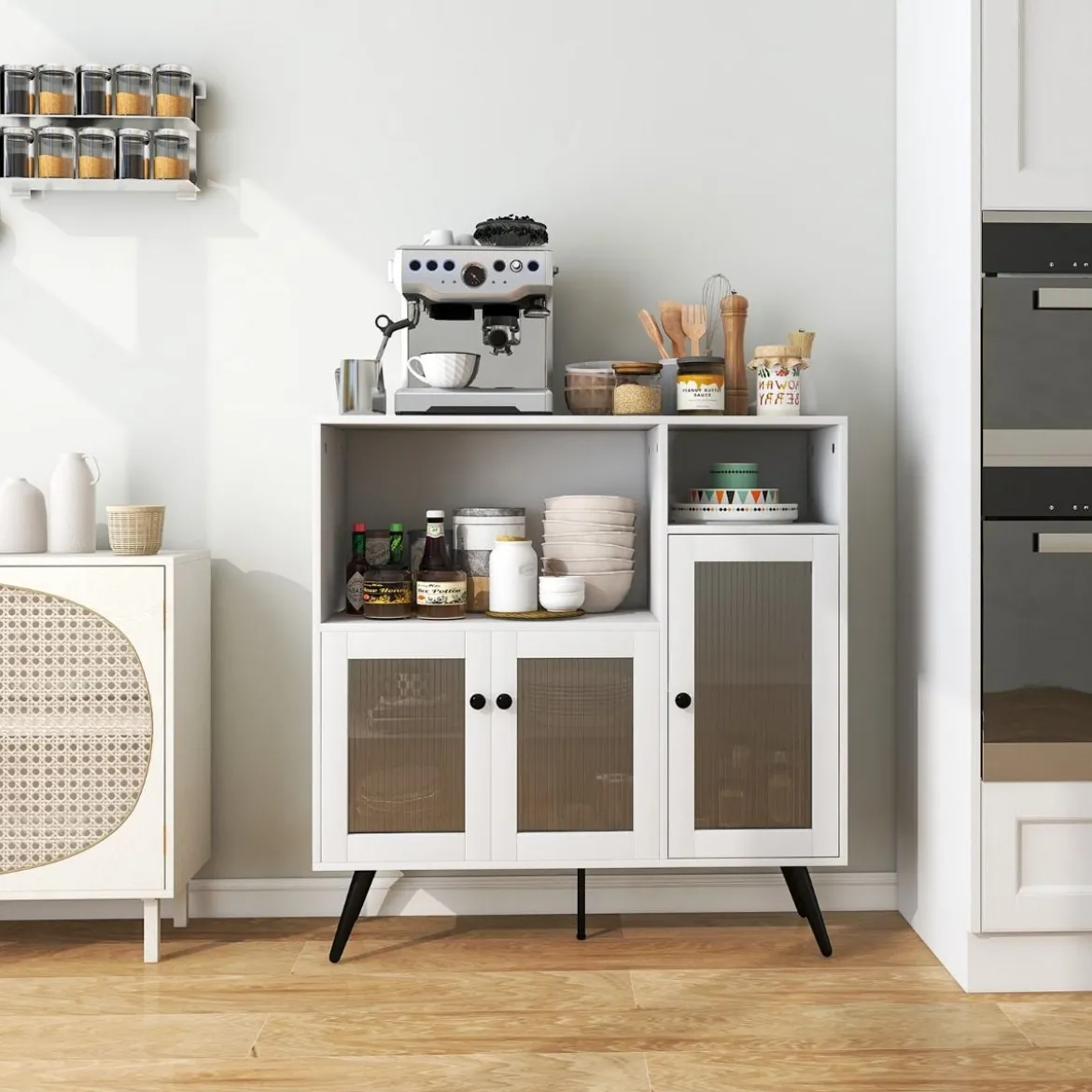 Küchenschrank aus Holz mit Glastüren mit verstellbaren Einlegeböden Sideboard Weiß