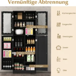 Küchenschrank aus Holz mit 2 Türen gehärtetem Glas & Regalen Hochschrank Schwarz