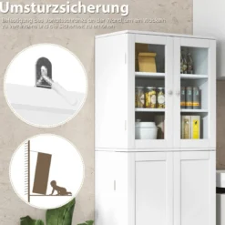Küchenschrank aus Holz mit 2 Türen gehärtetem Glas & Regalen Hochschrank Weiß