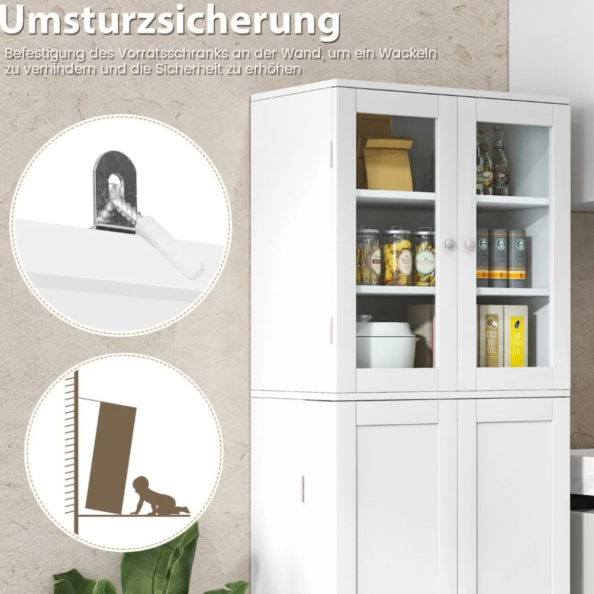 Küchenschrank aus Holz mit 2 Türen gehärtetem Glas & Regalen Hochschrank Weiß